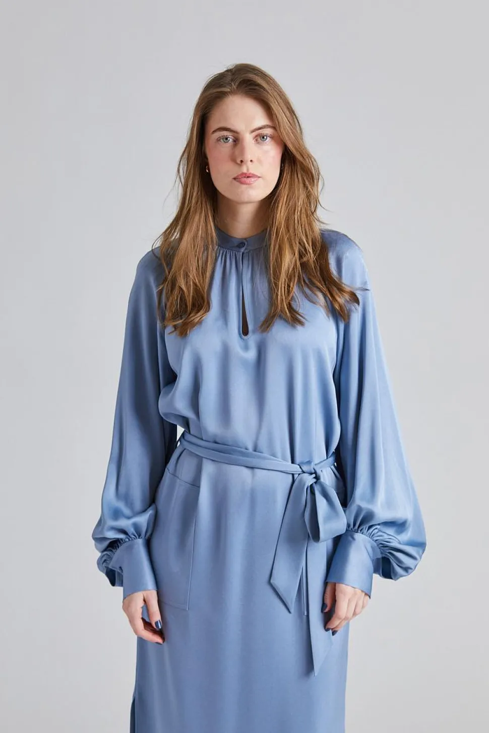 Belted Long Sleeve Dress Air Blue