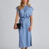Belted Stand Collar Dress Air Blue