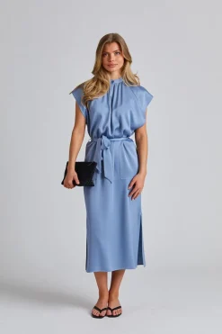Belted Stand Collar Dress Air Blue