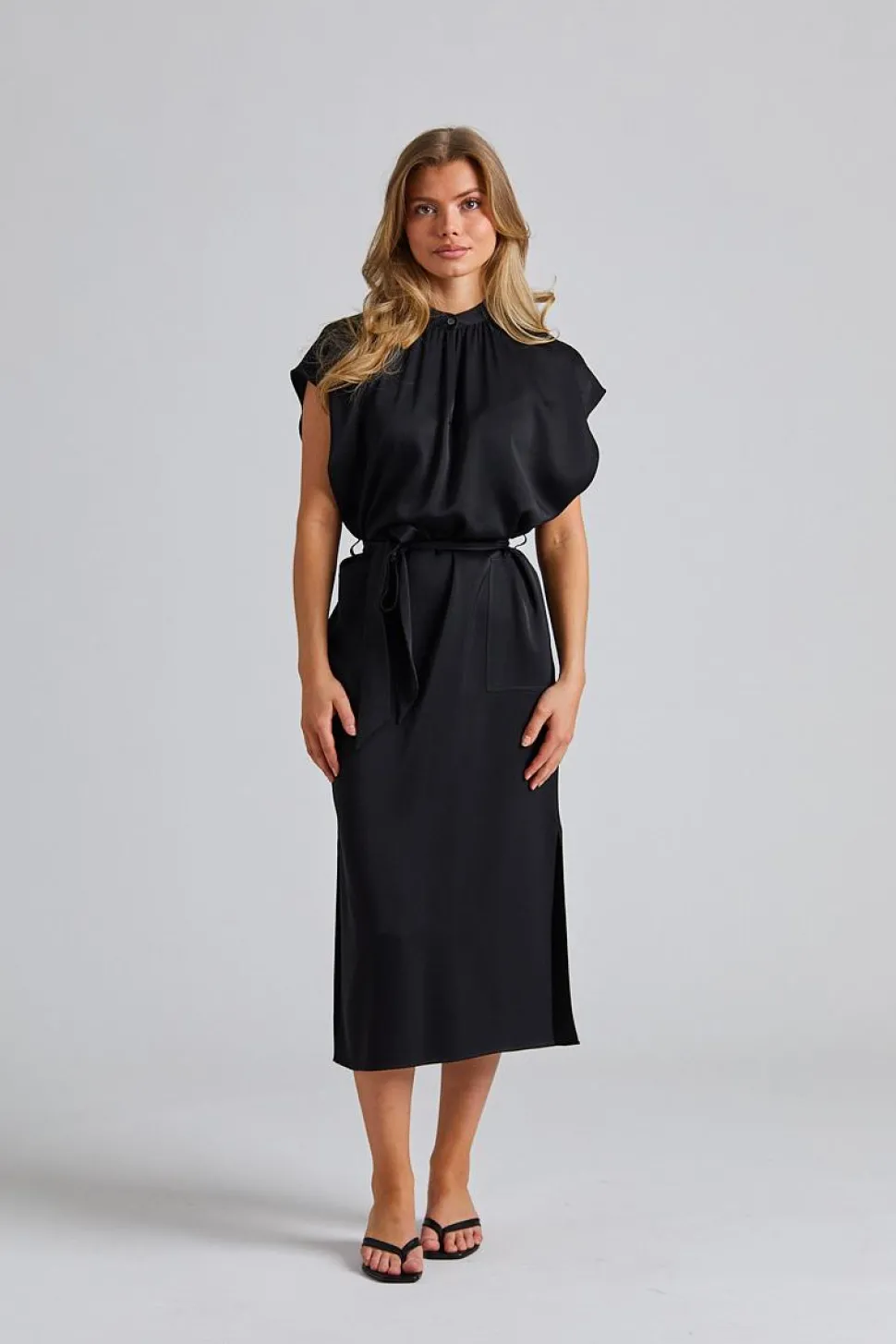 Belted Stand Collar Dress Black
