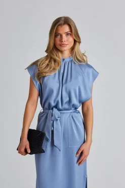 Belted Stand Collar Dress Air Blue