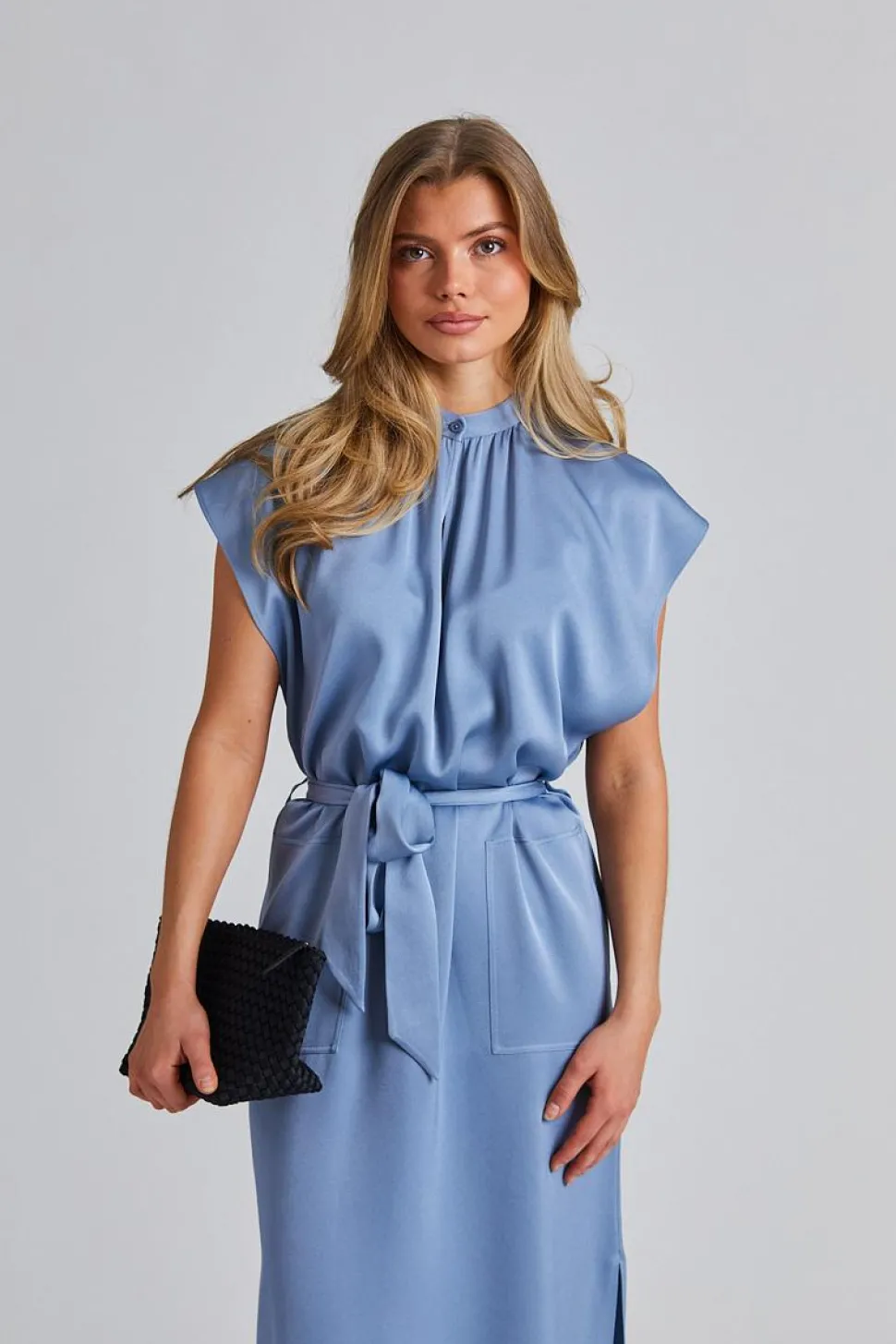 Belted Stand Collar Dress Air Blue