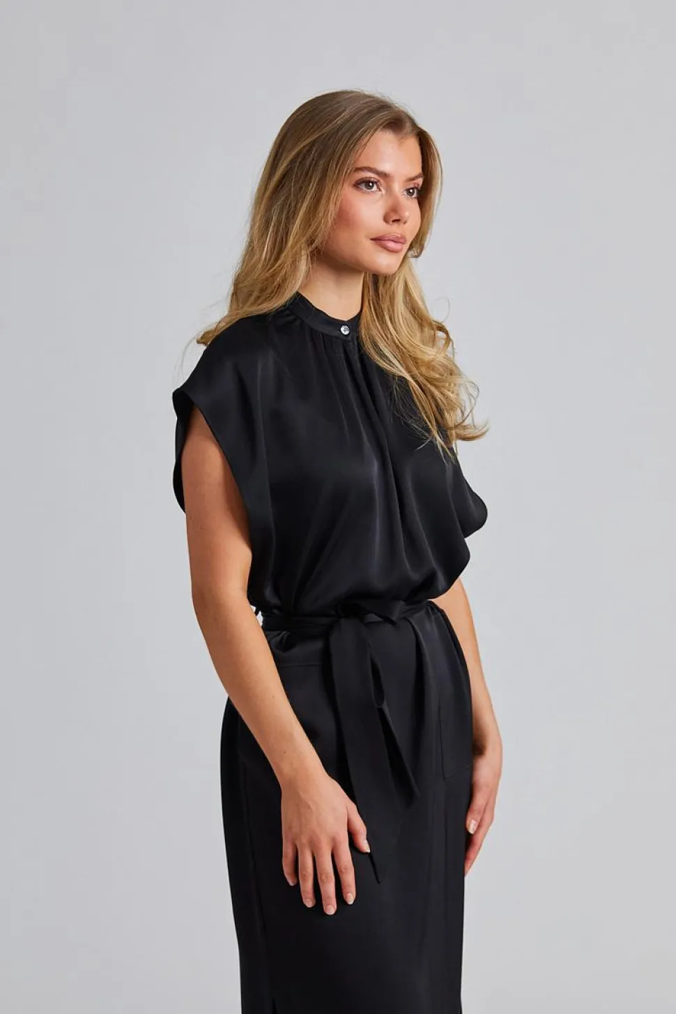 Belted Stand Collar Dress Black
