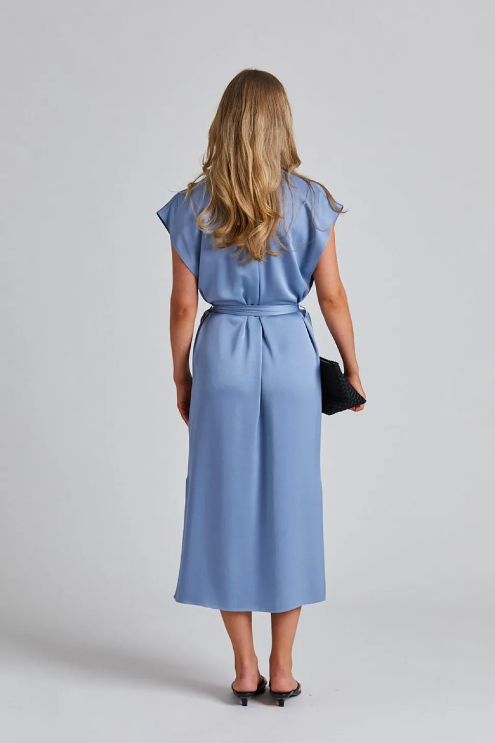 Belted Stand Collar Dress Air Blue