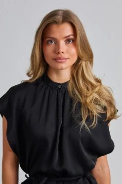 Belted Stand Collar Dress Black
