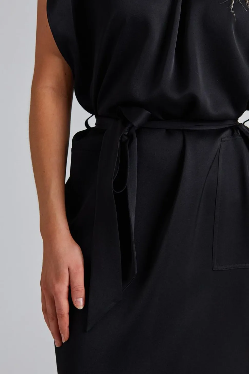 Belted Stand Collar Dress Black
