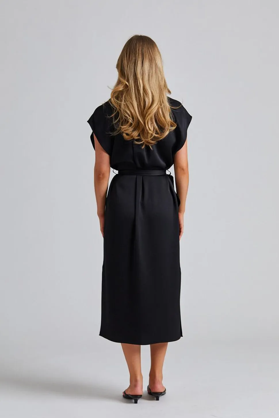 Belted Stand Collar Dress Black