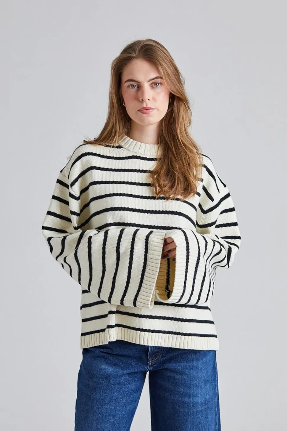 Cape Cod Cotton Sweater Cream Black Stripe