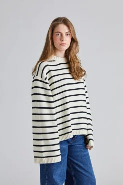 Cape Cod Cotton Sweater Cream Black Stripe