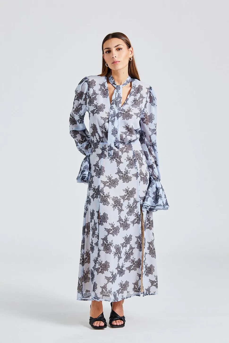 Chiffon Bow Midi Dress Delicate Lace
