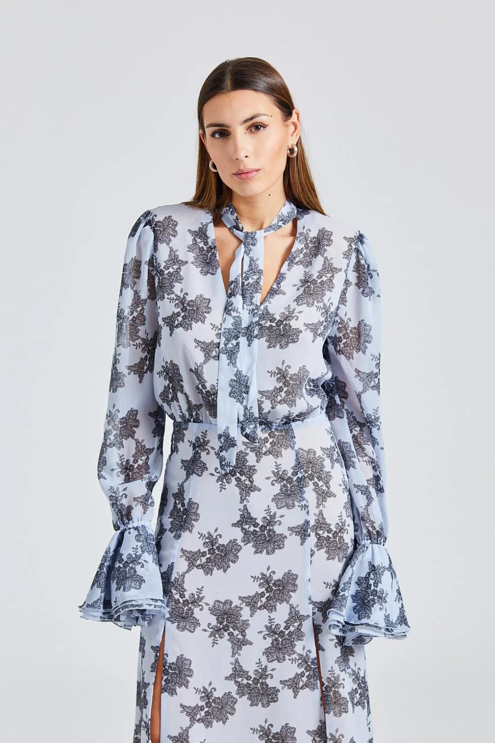Chiffon Bow Midi Dress Delicate Lace
