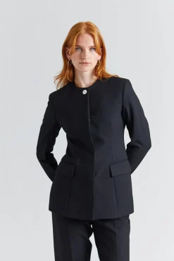 Collarless Cinched Buckled Slouch Suit Black