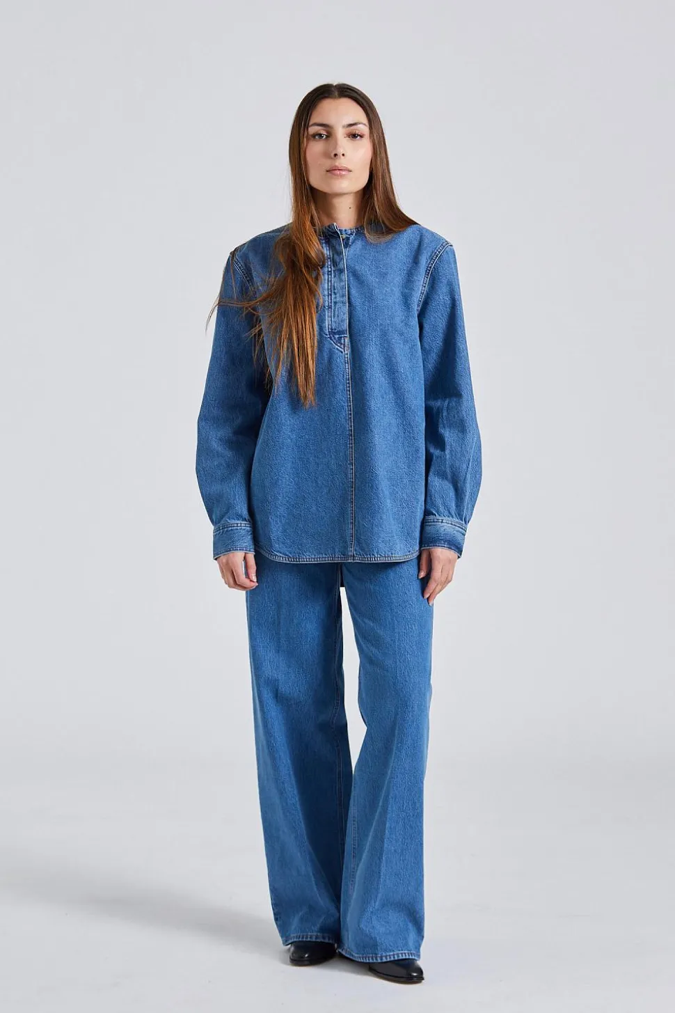 Collarless Denim Shirt Vibrant Blue