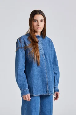 Collarless Denim Shirt Vibrant Blue