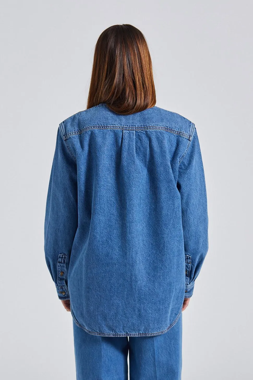 Collarless Denim Shirt Vibrant Blue