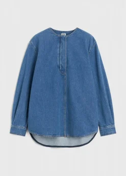 Collarless Denim Shirt Vibrant Blue
