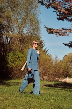 Collarless Denim Shirt Vibrant Blue