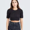 Cotton Poplin O-Neck Cropped Smock Top Bkack