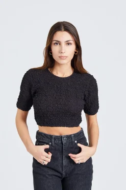 Cotton Poplin O-Neck Cropped Smock Top Bkack