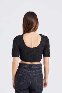 Cotton Poplin O-Neck Cropped Smock Top Bkack