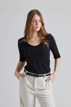 Cotton Stretch Scoop Neck Top Black