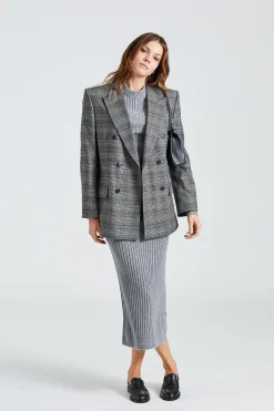 Double Breasted Check Blazer Grey
