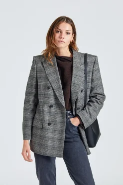 Double Breasted Check Blazer Grey