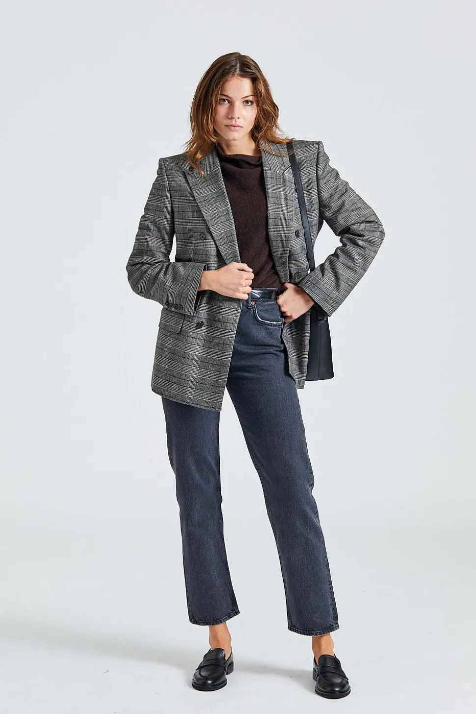 Double Breasted Check Blazer Grey