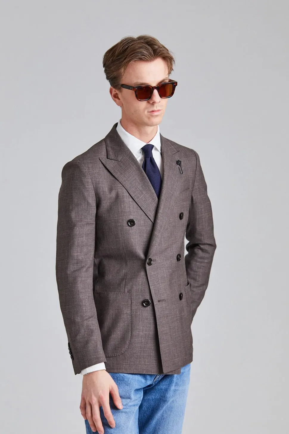 Double Breasted Wool and Silk Jacket Brown