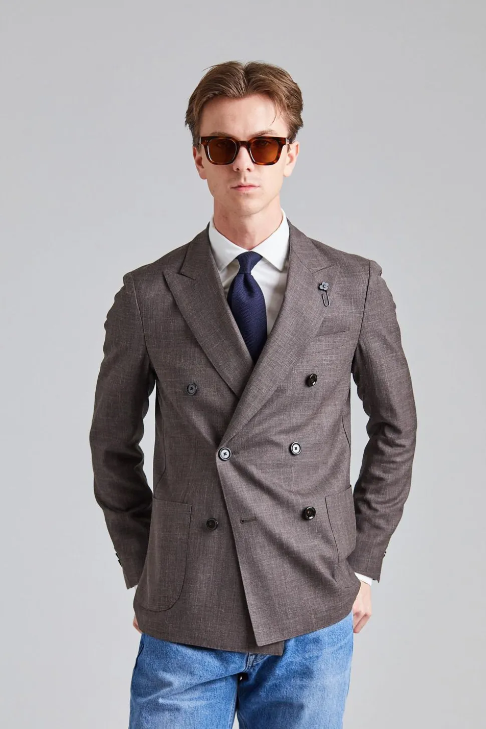 Double Breasted Wool and Silk Jacket Brown