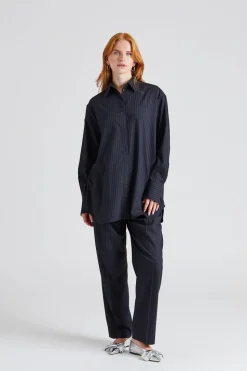 Double-Pleated Tailored Pinstripe Trousers Navy