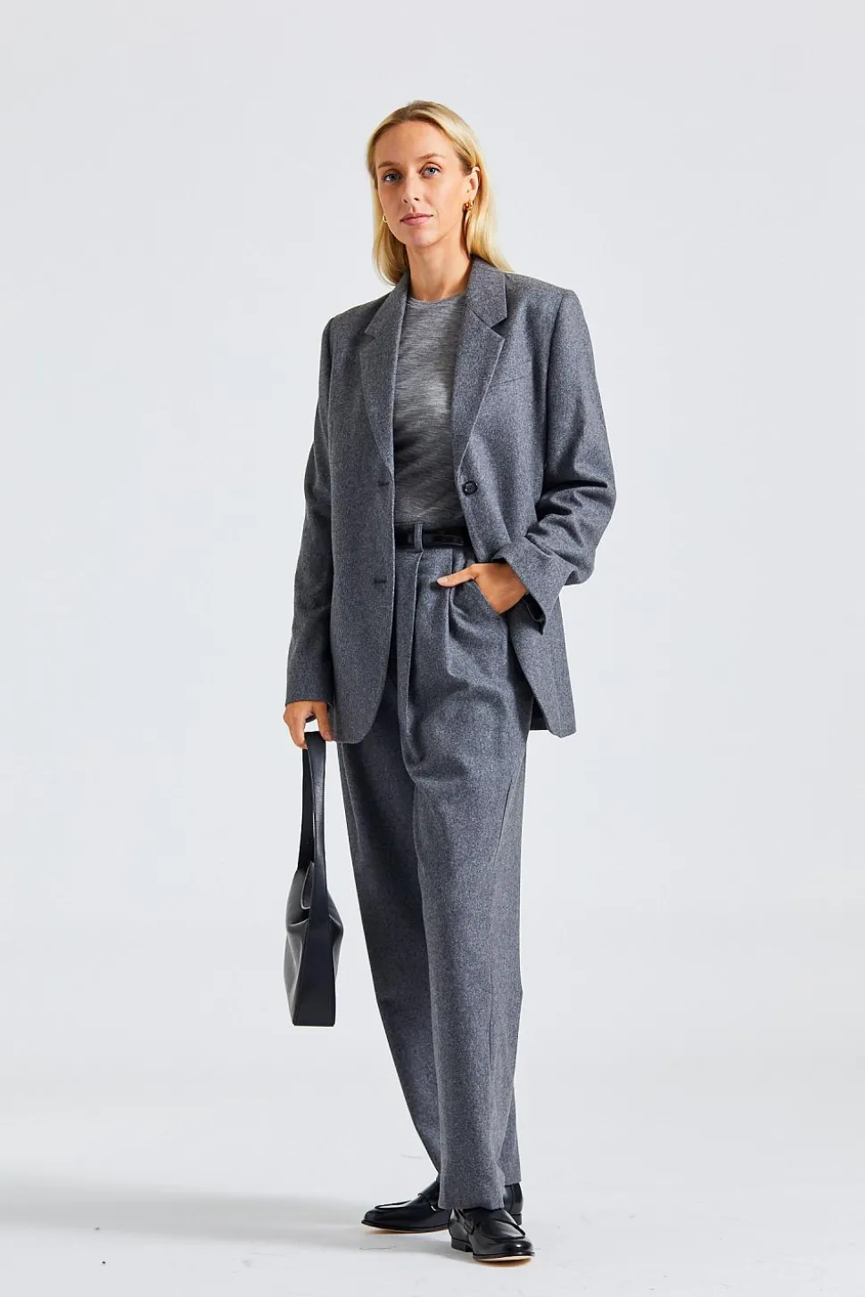 Double-Pleated Tailored Trousers Grey Melange