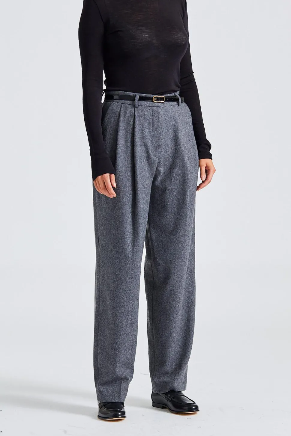 Double-Pleated Tailored Trousers Grey Melange