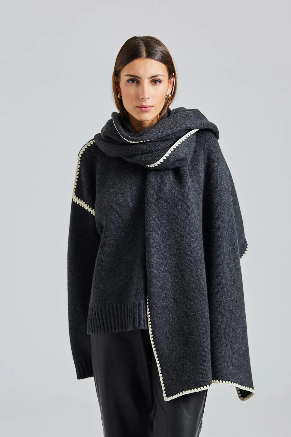 Embroidered Wool Cashmere Scarf Grey Melange