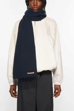 Fringe Wool Scarf Skinny Navy Blue FN-UX-SCAR000219