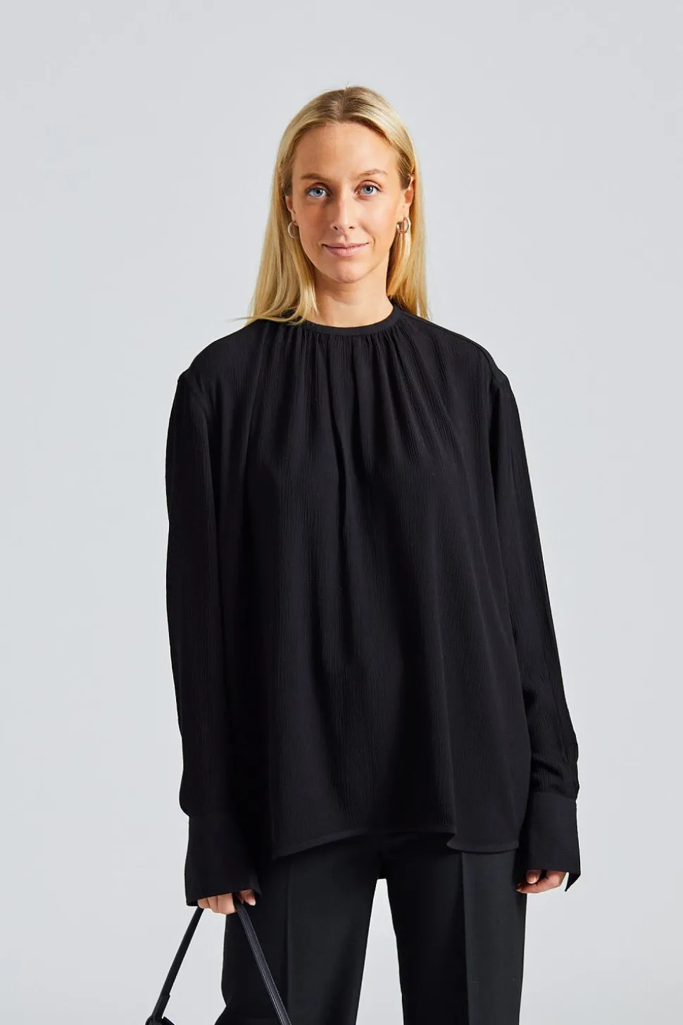 Gathered-Neck Crepe Blouse Black