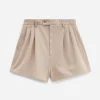High Waist Pleated Cotton Shorts Canvas Beige