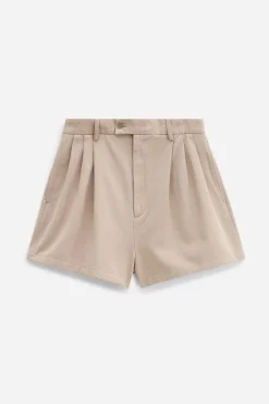 High Waist Pleated Cotton Shorts Canvas Beige