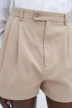 High Waist Pleated Cotton Shorts Canvas Beige