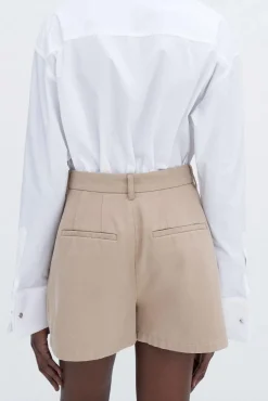 High Waist Pleated Cotton Shorts Canvas Beige