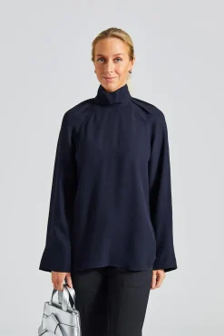 High-Neck Crepe Blouse Navy