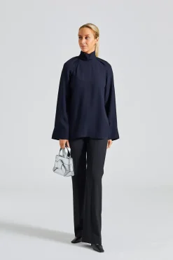 High-Neck Crepe Blouse Navy