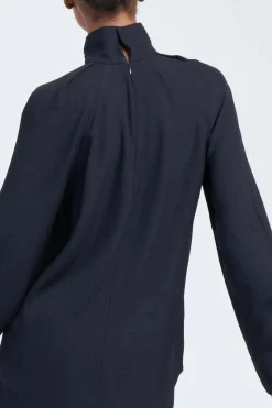 High-Neck Crepe Blouse Navy