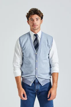 Knitted Pepita Merino Vest Light Blue Check