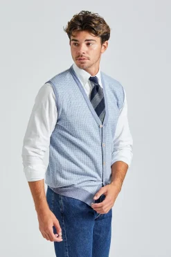 Knitted Pepita Merino Vest Light Blue Check