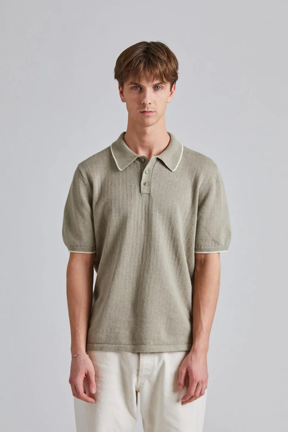 Linen Cotton Knit Polo Moss Grey