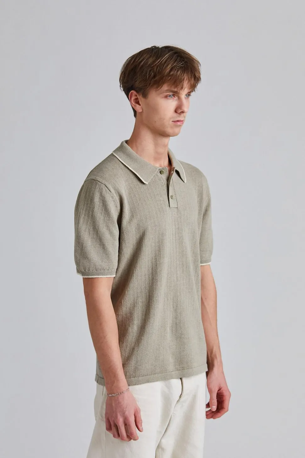 Linen Cotton Knit Polo Moss Grey