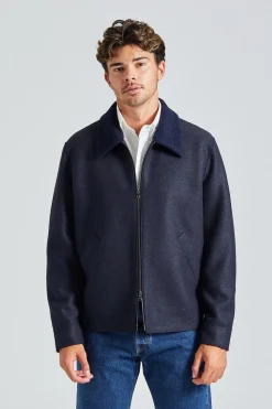 Men Golf Jacket Pressed Wool and Boucle Navy Blue