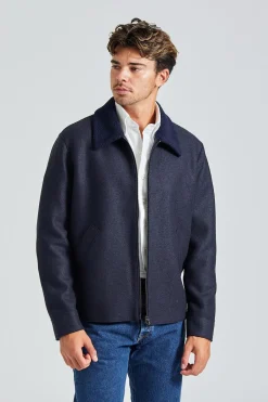 Men Golf Jacket Pressed Wool and Boucle Navy Blue