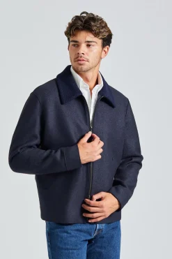 Men Golf Jacket Pressed Wool and Boucle Navy Blue